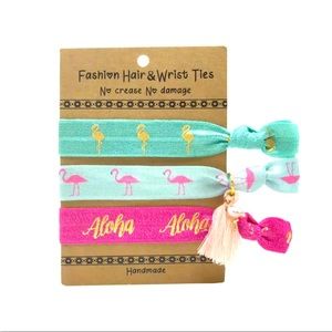 3 Aloha Flamingo Hair & Wrist Ties Pink Blue Gold Tassel Metal Charm